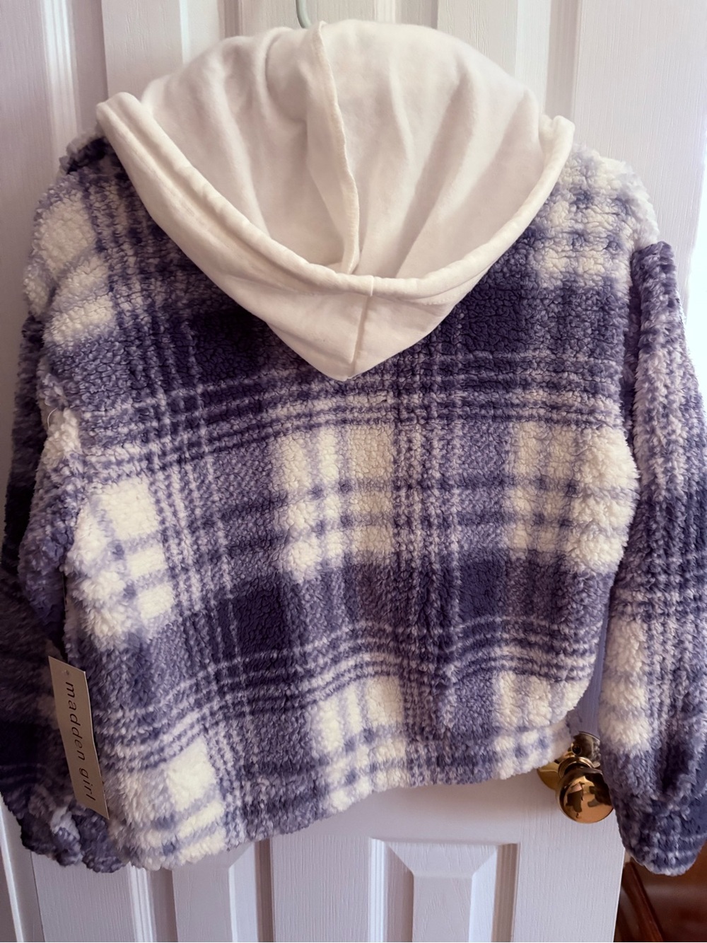 NWT Madden Girl Blue and White Plaid Sherpa Jacket with Hood and Button Detail - Picture 3 of 5